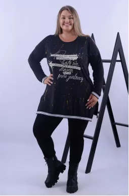 Туніка трапеція з кольоровим принтом і написом батал