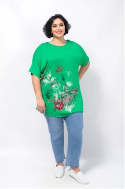 Трикотажная туника в принт с блестками батал