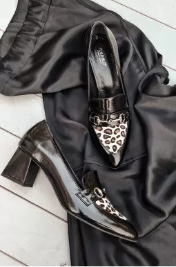 Туфлі лакові на підборах з леопардовими вставками великих розмірів