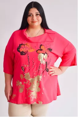 Туніка з золотавим принтом і декоративним коміром великих розмірів