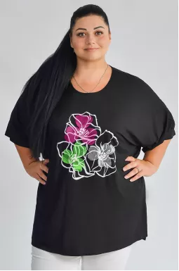 Чорна коротка туніка з яскравими квітами великих розмірів