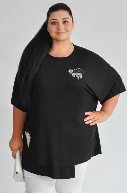 Туніка чорного кольору з асиметричним низом та декором великих розмірів