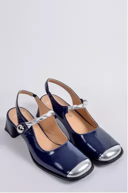 Лаковые туфли на каблуке темно-синего цвета с серебряными акцентами больших размеров