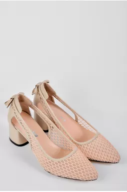 Туфли-лодочки бежевого цвета с бантиком и сетчатым верхом больших размеров
