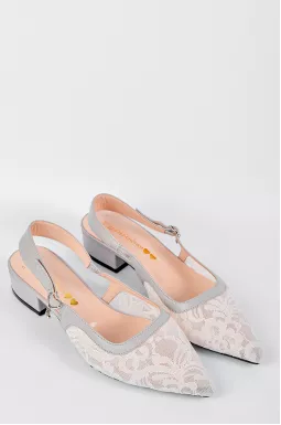 Туфли на каблуке из кружевной кремовой сетки с кожаными вставками больших размеров