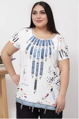 Футболка с декором из джинса батал