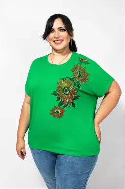 Футболка в цветы из блесток батал