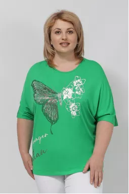 Футболка с разрезами на рукавах в принт и блестки батал