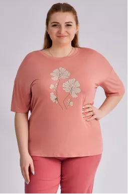 Футболка кораллового цвета с цветочным принтом больших размеров