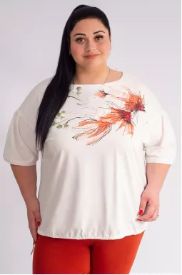 Футболка короткая молочного цвета с акварельным узором больших размеров