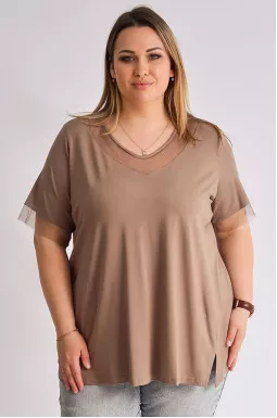 Футболка цвета мокко с сеткой больших размеров