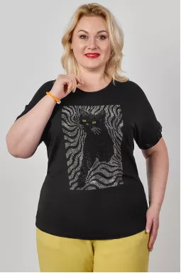 Футболка коротка в чорному кольорі з аплікацією зі стразів великих розмірів