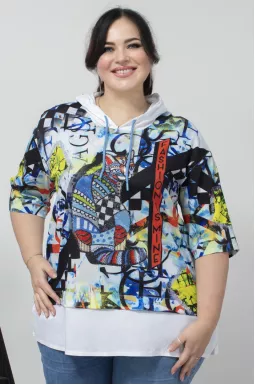 Худі в яскравий принт зі стразами батал