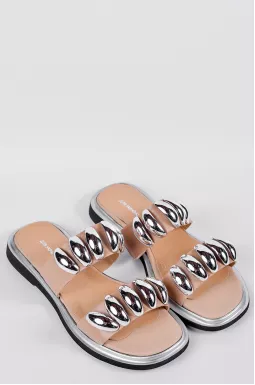 Кожаные шлепанцы бежевого цвета с акцентным декором больших размеров