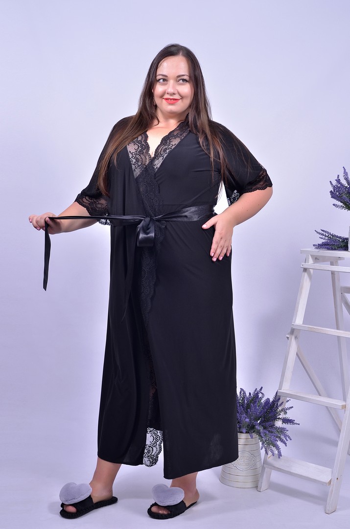 Довгий халат з мереживом батал