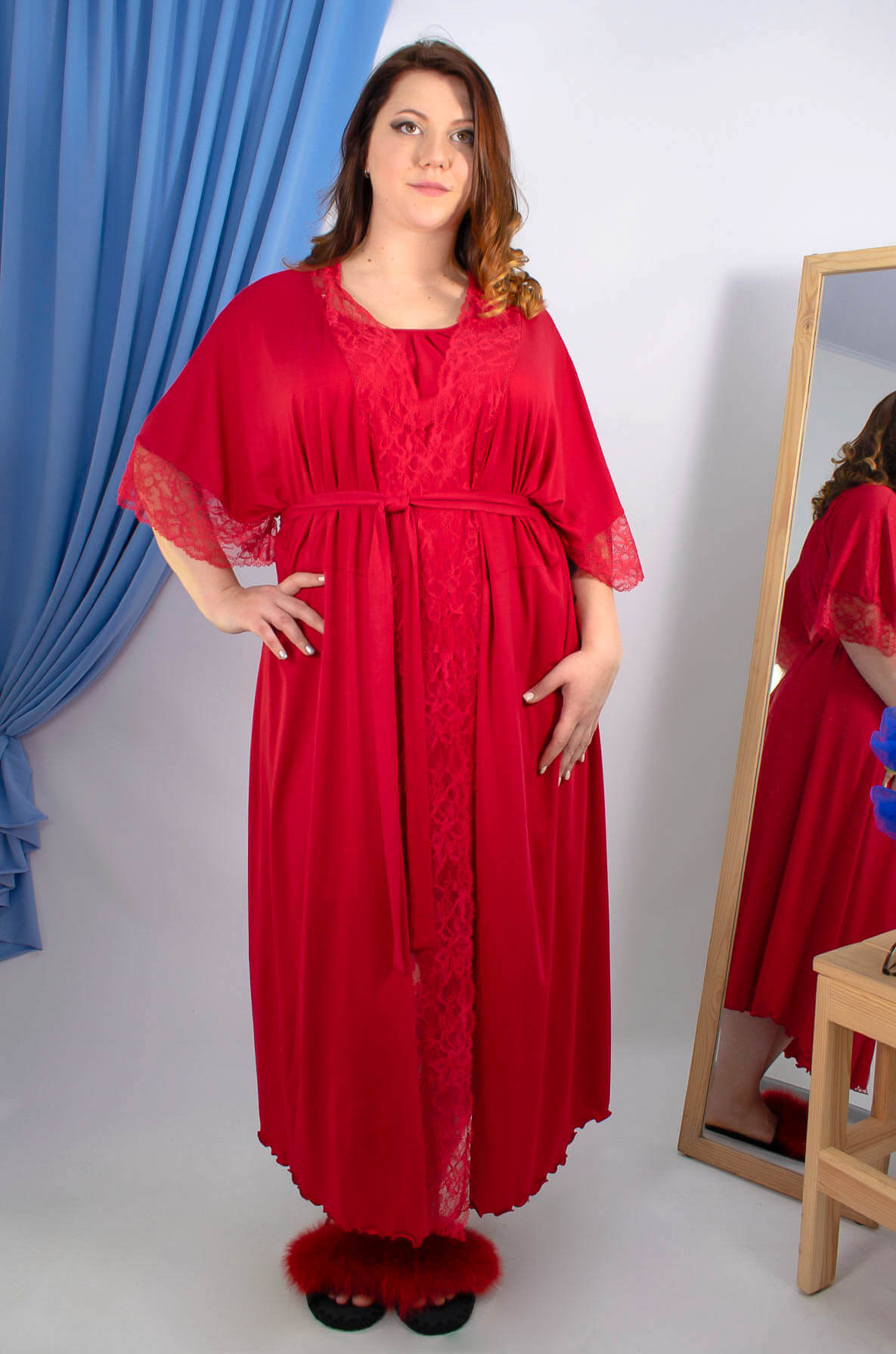 Халат довгий з мереживом супер батал