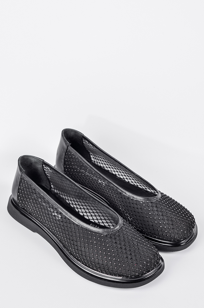 Балетки в чорному кольорі із сітчастим верхом та блискучими камінцями великих розмірів