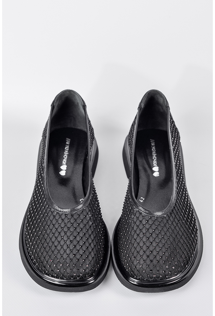 Балетки в чорному кольорі із сітчастим верхом та блискучими камінцями великих розмірів