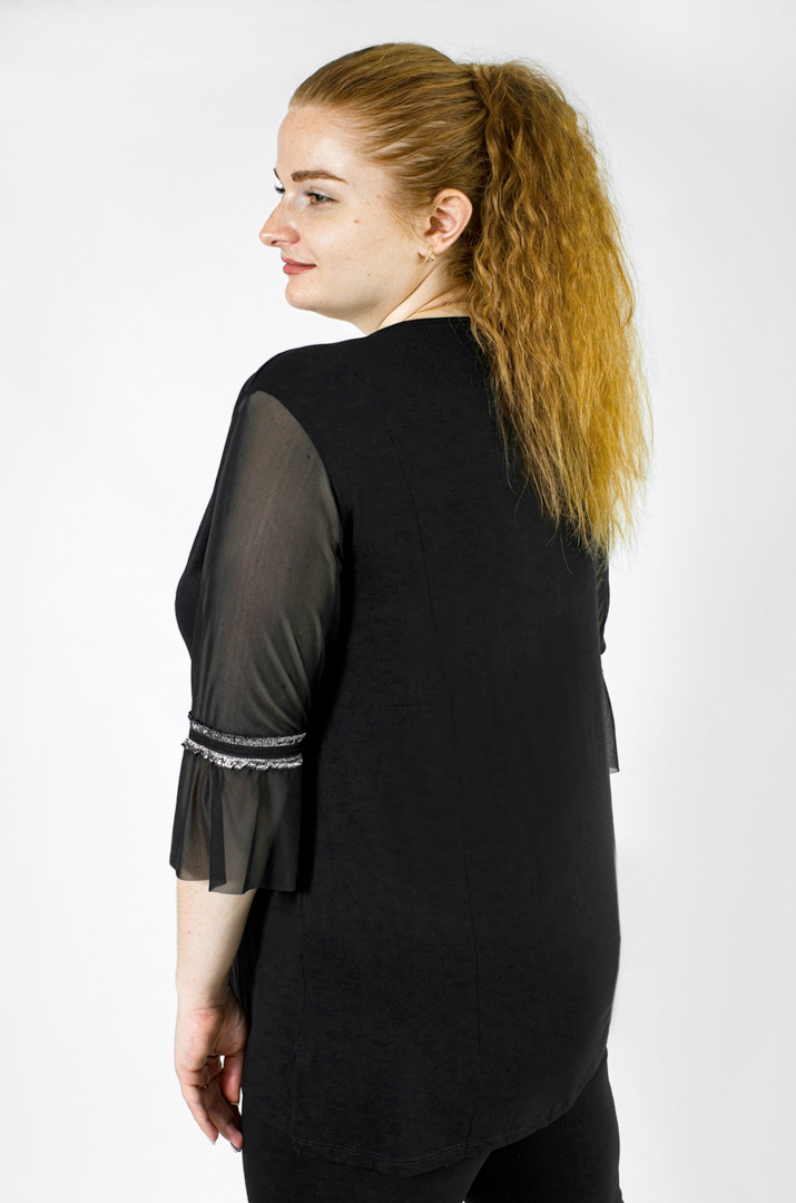 Блуза довга чорна з мереживом і сіткою супер батал