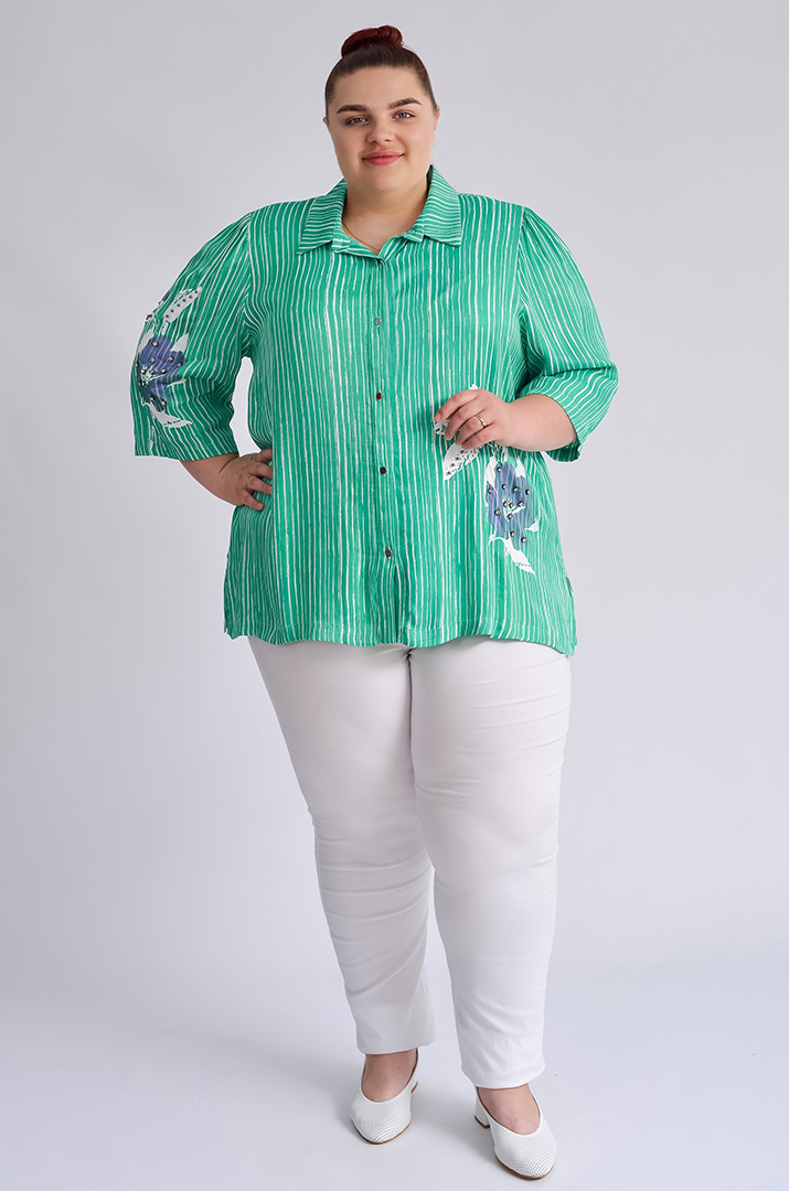 Блуза довга зеленого кольору в білу смужку великих розмірів
