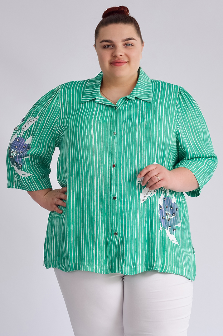 Блуза довга зеленого кольору в білу смужку великих розмірів