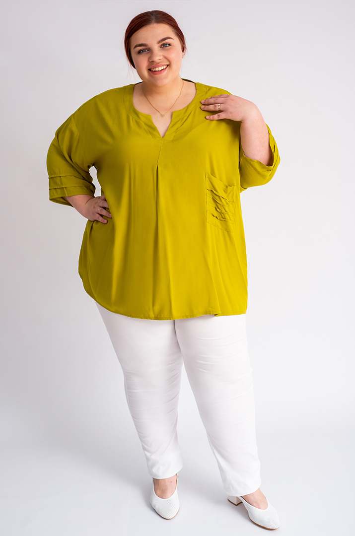 Блуза довга кольору оливка з кишенею великих розмірів