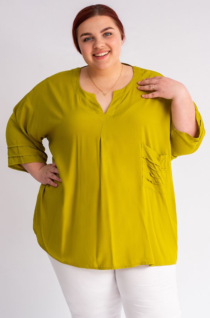 Блуза довга кольору оливка з кишенею великих розмірів