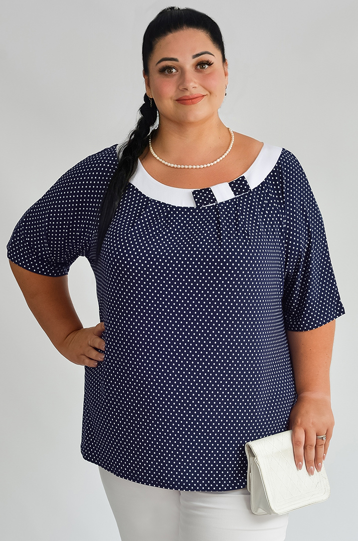 Блуза темно-синього кольору в горох великих розмірів