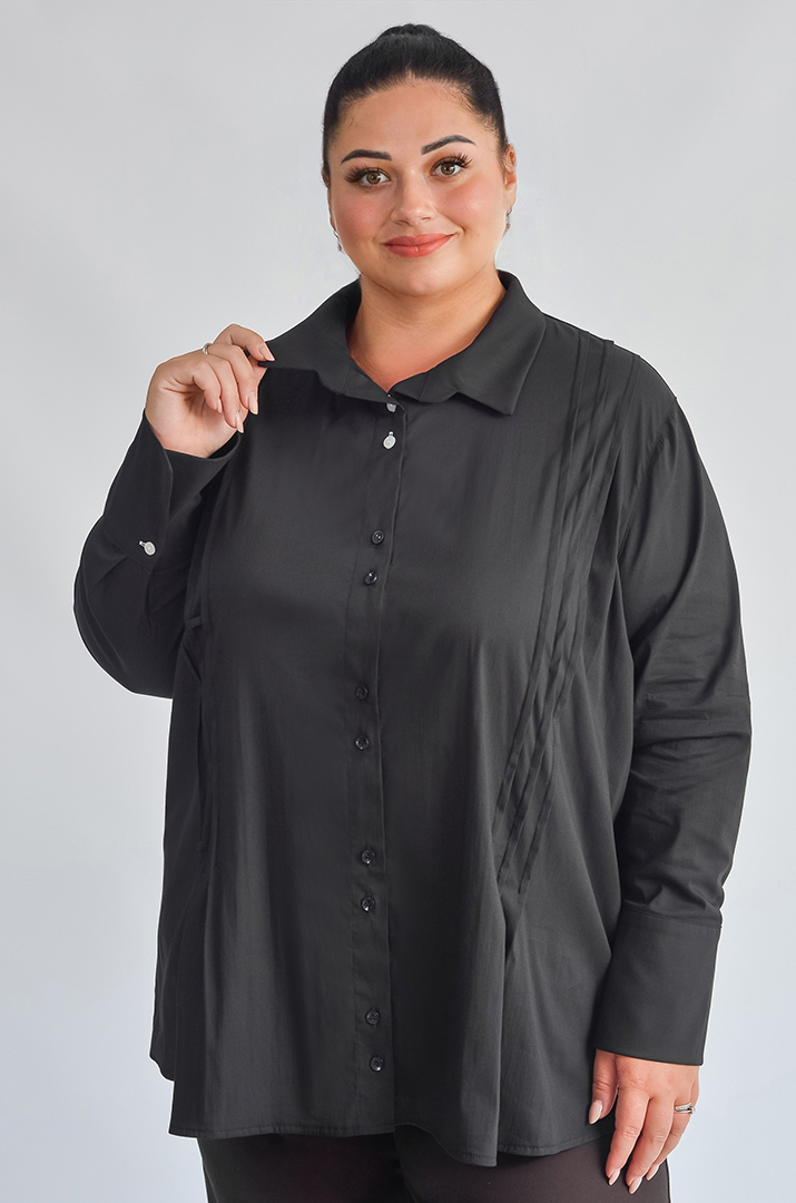 Блуза довга з декоративною контрастною квіткою великих розмірів