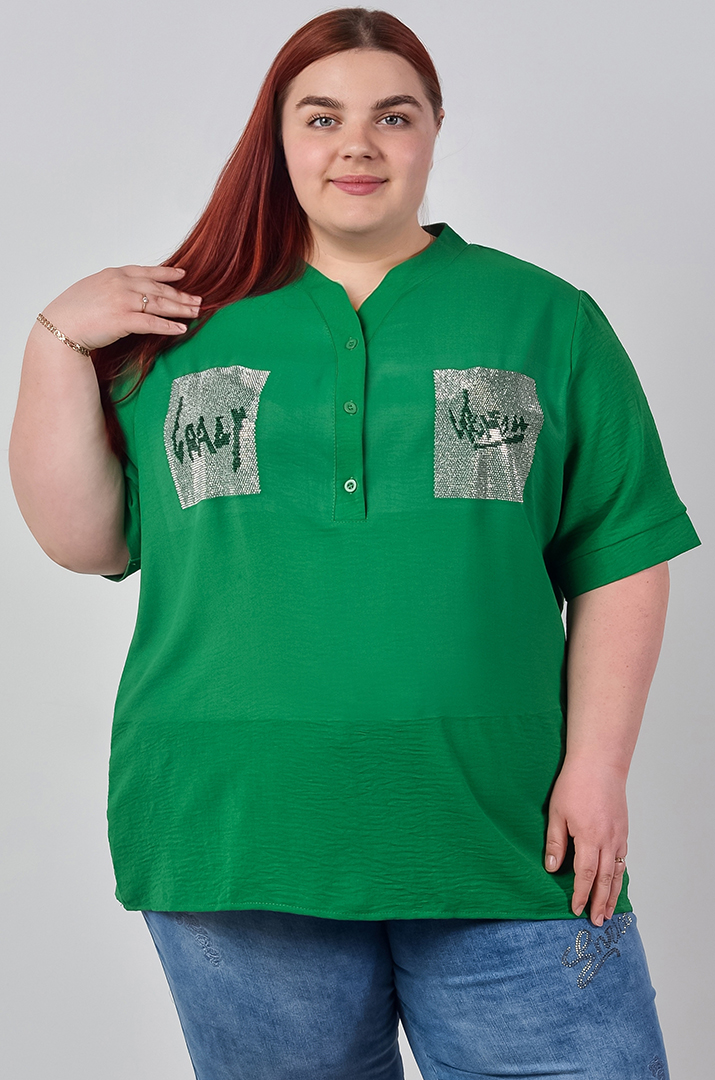 Блуза з фактурної жатої тканини та зі стразами великих розмірів