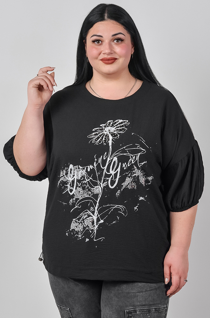 Блуза довга з квітковим мотивом та камінцями великих розмірів