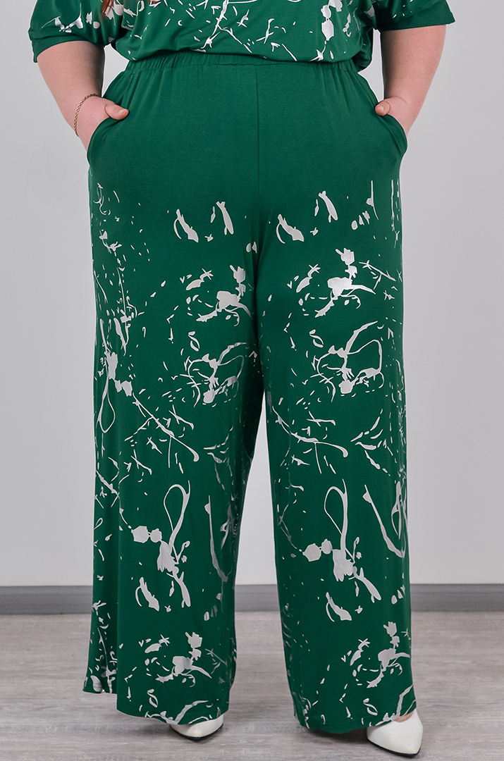 Брюки палаццо зі сріблястим абстрактним принтом великих розмірів