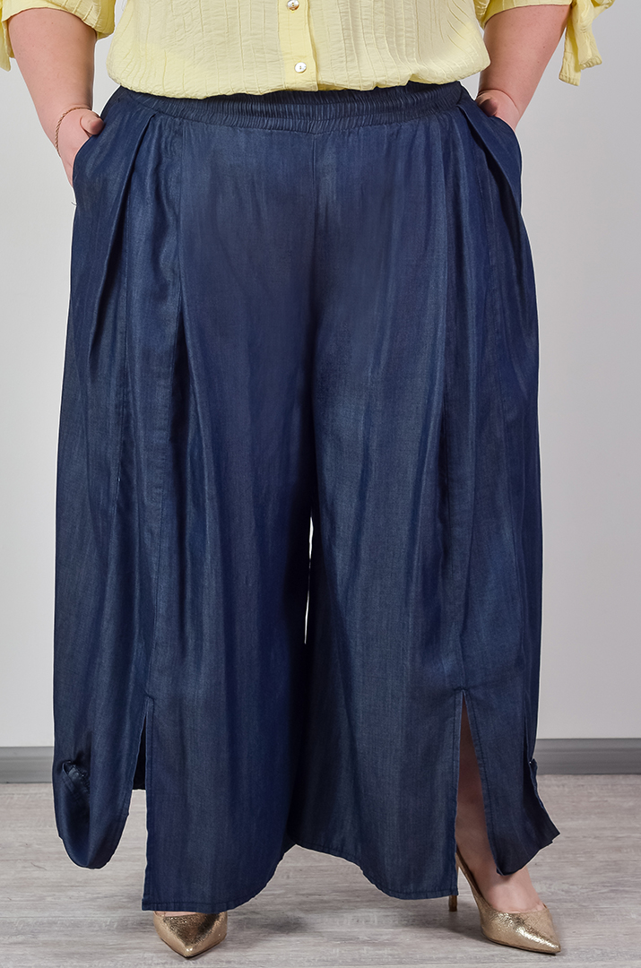 Брюки-спідниця в кольорі денім з розрізами на кнопках великих розмірів