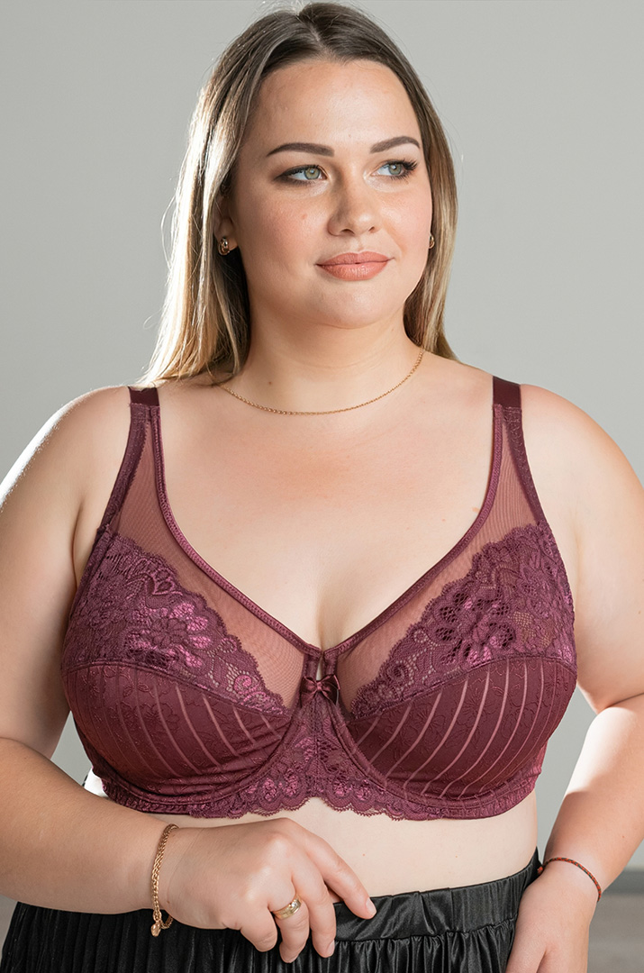 Бюстгальтер в смужку з мереживом і сіткою великих розмірів