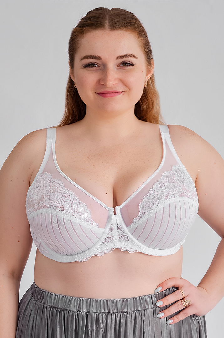 Бюстгальтер в смужку з мереживом і сіткою великих розмірів