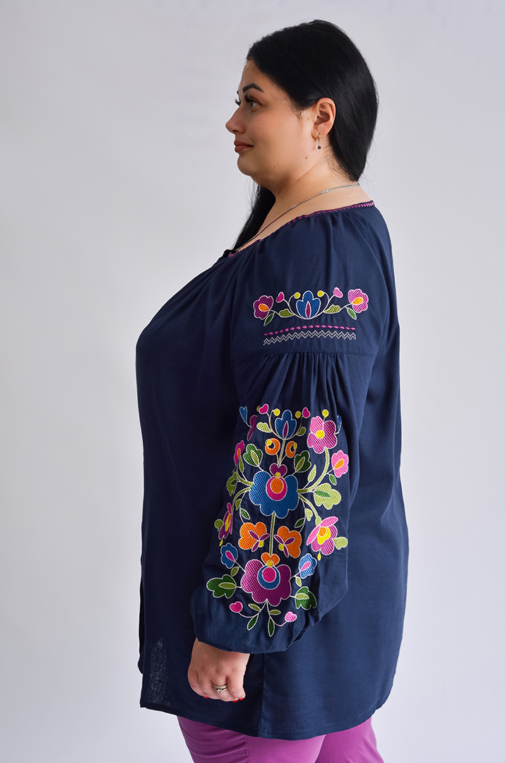 Вишиванка-блуза темно-синя великих розмірів