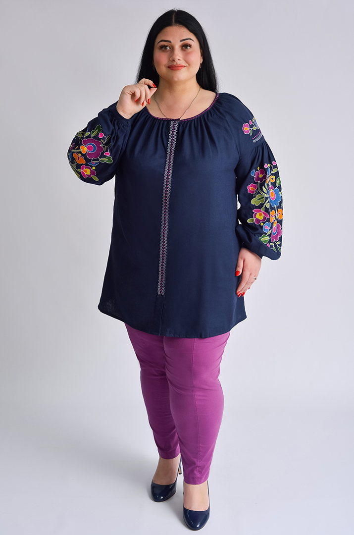 Вишиванка-блуза темно-синя великих розмірів