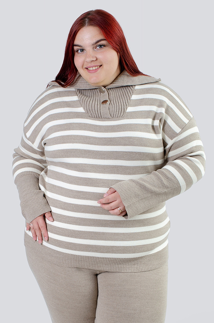 Джемпер в горизонтальную полоску с горловиной на пуговицах супер батал