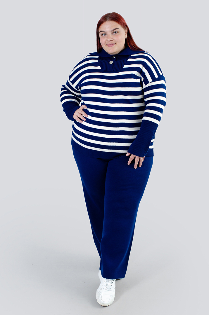 Джемпер в горизонтальную полоску с горловиной на пуговицах супер батал