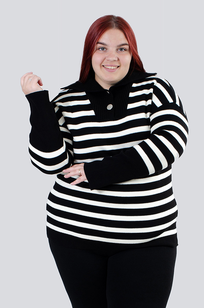 Джемпер в горизонтальную полоску с горловиной на пуговицах супер батал