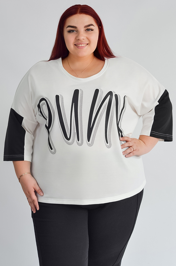 Джемпер з контрастними рукавами та написом великих розмірів