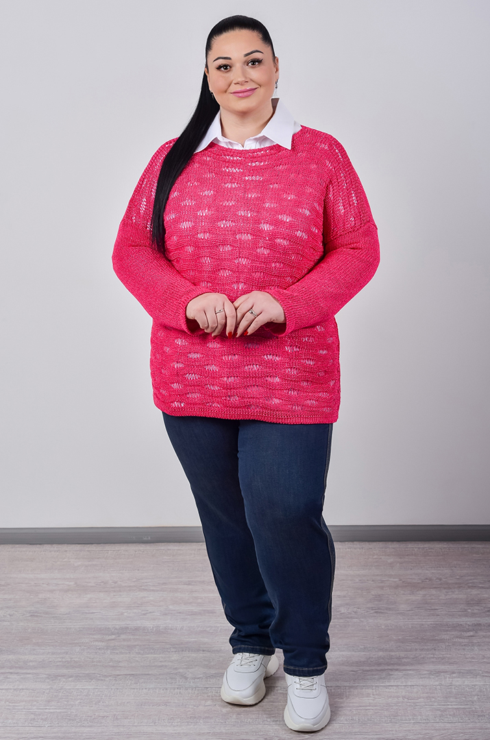 Джемпер короткий з крупною ажурною в’язкою великих розмірів