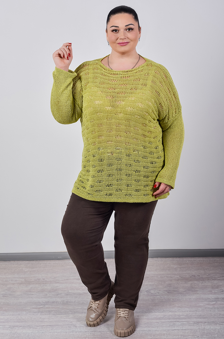 Джемпер короткий з крупною ажурною в’язкою великих розмірів