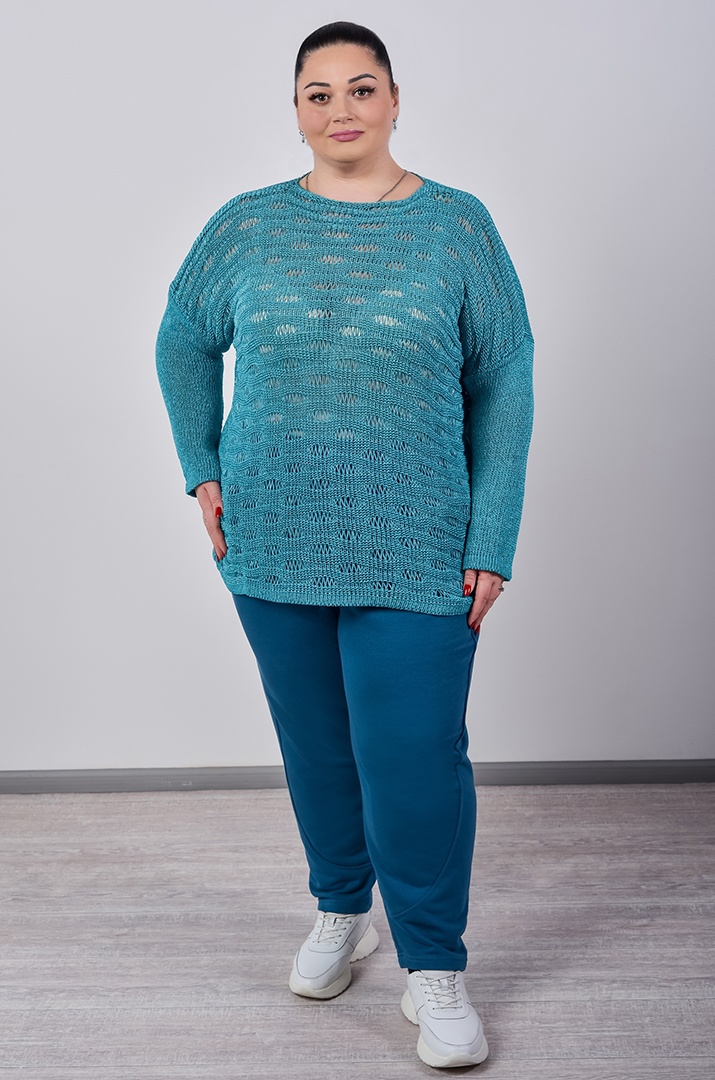 Джемпер короткий з крупною ажурною в’язкою великих розмірів