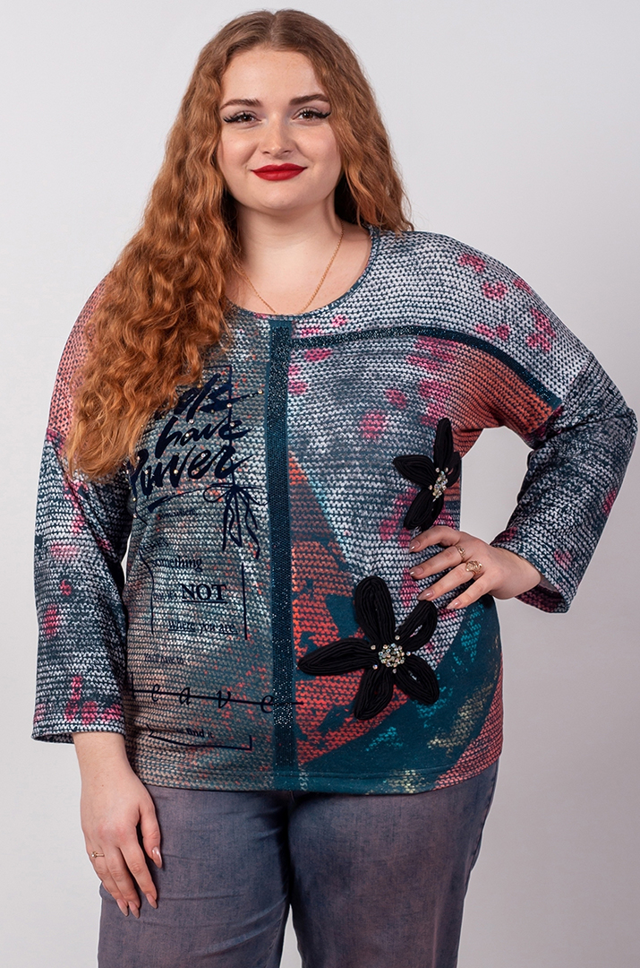 Джемпер спорт із принтом та текстильними прикрасами великих розмірів