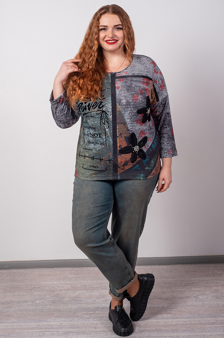 Джемпер спорт із принтом та текстильними прикрасами великих розмірів
