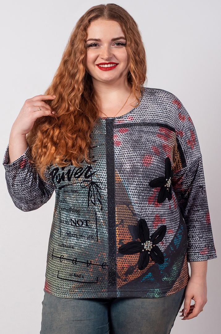 Джемпер спорт із принтом та текстильними прикрасами великих розмірів