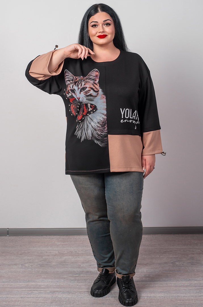 Джемпер довгий з контрастними вставками та графічним принтом великих розмірів