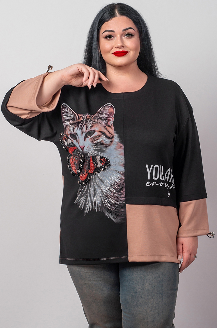 Джемпер довгий з контрастними вставками та графічним принтом великих розмірів