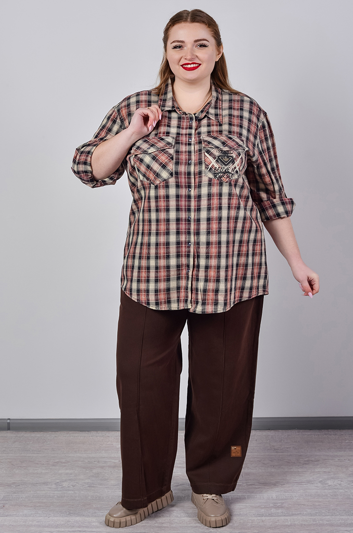 Джинси широкі в коричневому кольорі з декоративною прикрасою великих розмірів